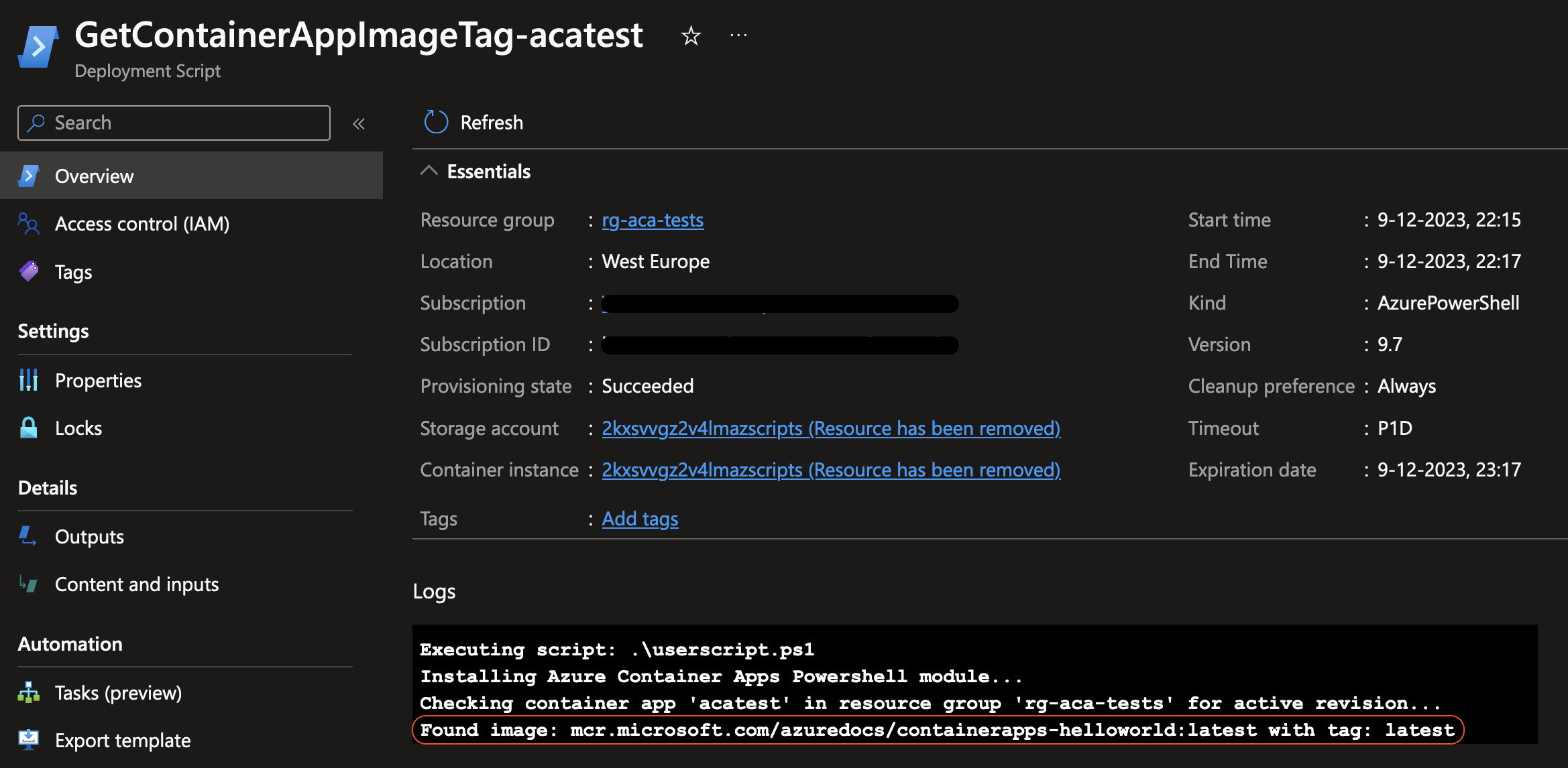 Status overview showing succeeded deployment