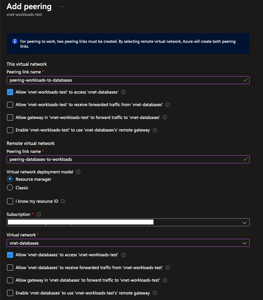 Screenshot creating a new VNet peering in Azure, specifying both the from- and to VNets.