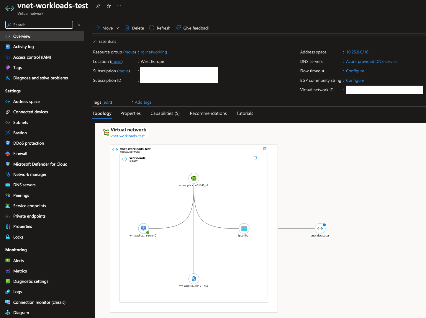 Screenshot of the topology diagram in Azure Portal on a VNet resource, showing the peering and a VM deployed in the VNet.