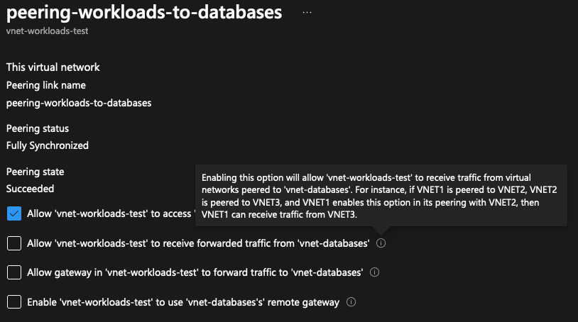 Screenshot showing a checkbox has to be explicitly checked to allow receiving forwarded traffic into a VNet.