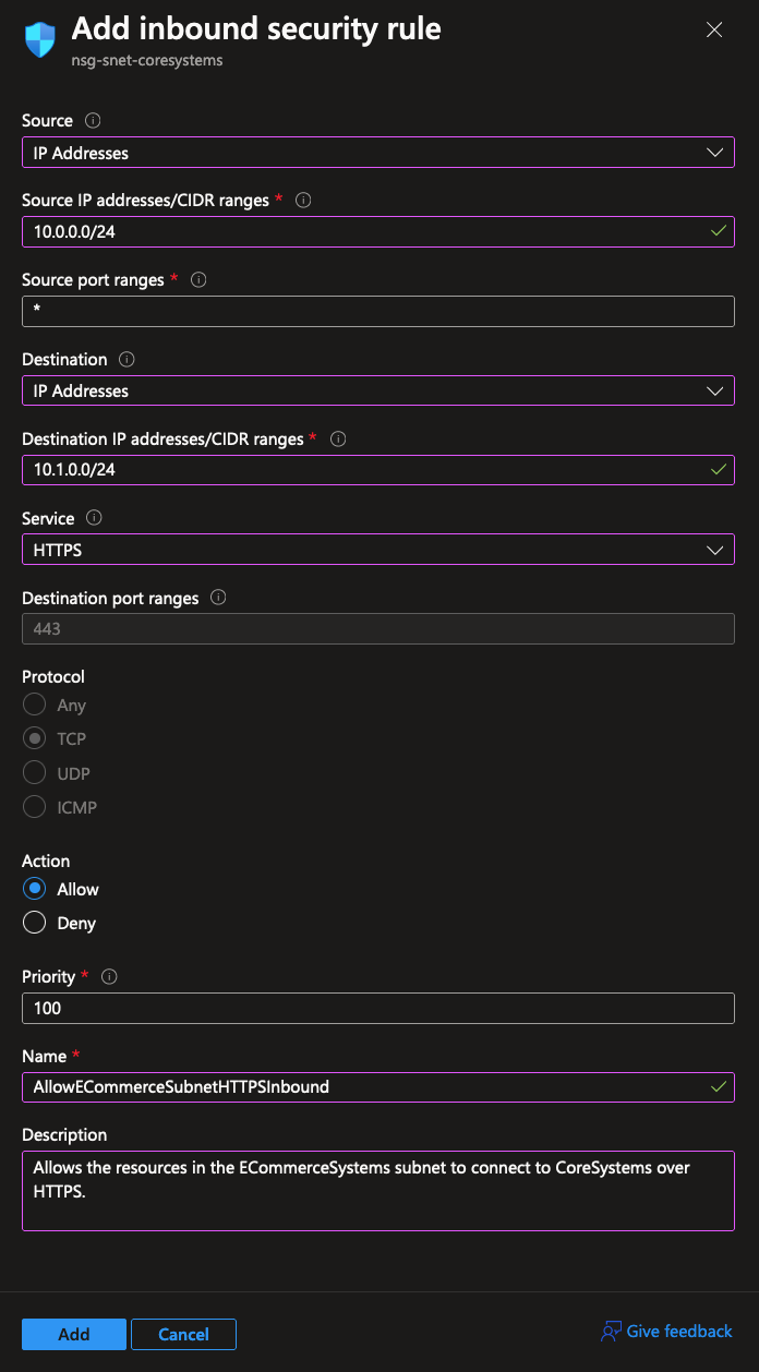 Screenshot showing adding an inbound security rule to allow the ECommerceSystems subnet to talk to CoreSystems.