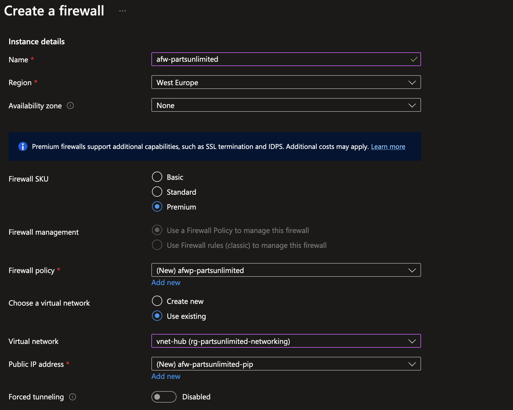 Screenshot of an Azure Firewall being created and deployed to the Hub VNet.
