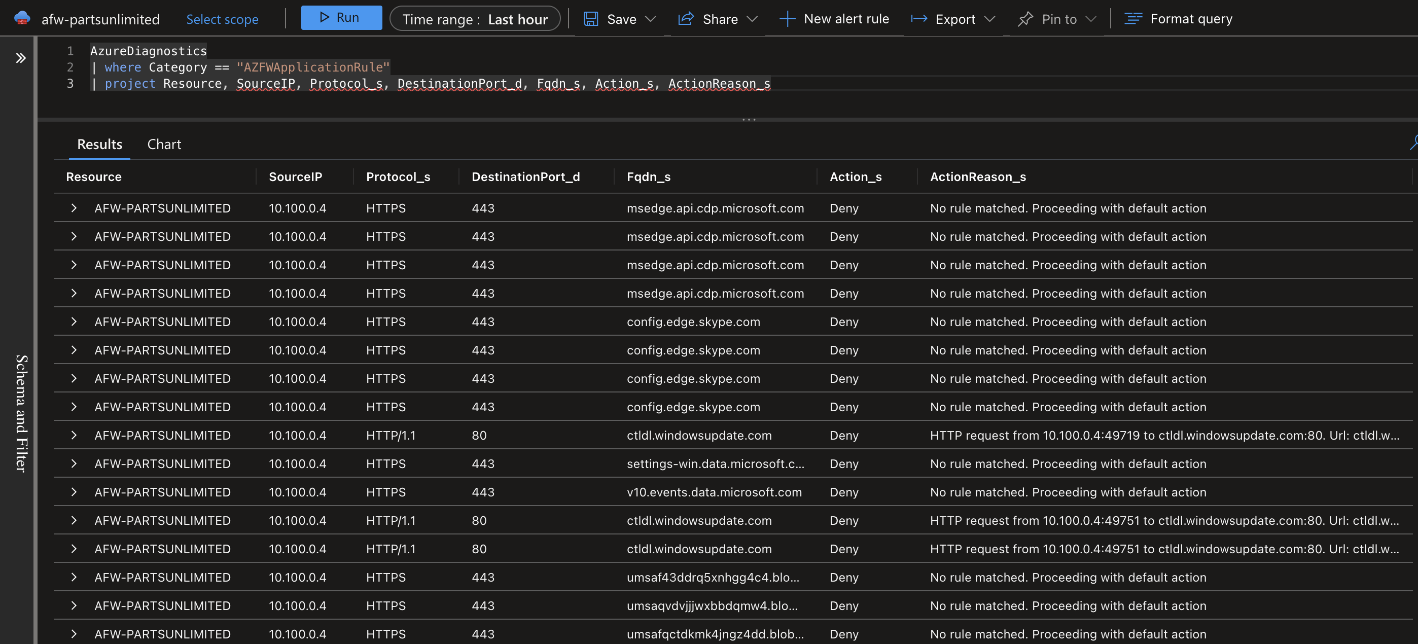 Screenshot showing a log analytics query on firewall traffic, showing lots of calls to multiple Microsoft-owned domains that are all denied by default behavior.