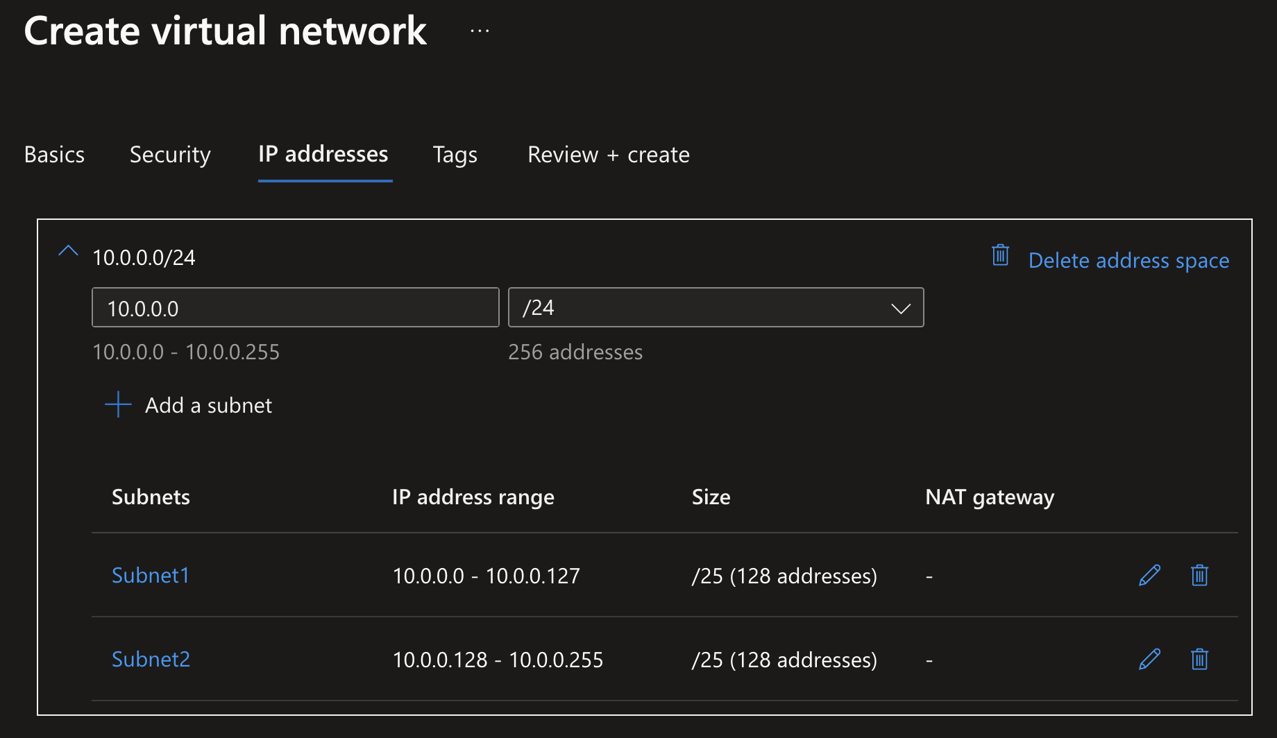 Screenshot showing Subnet1 and Subnet2 being created in Azure Portal.