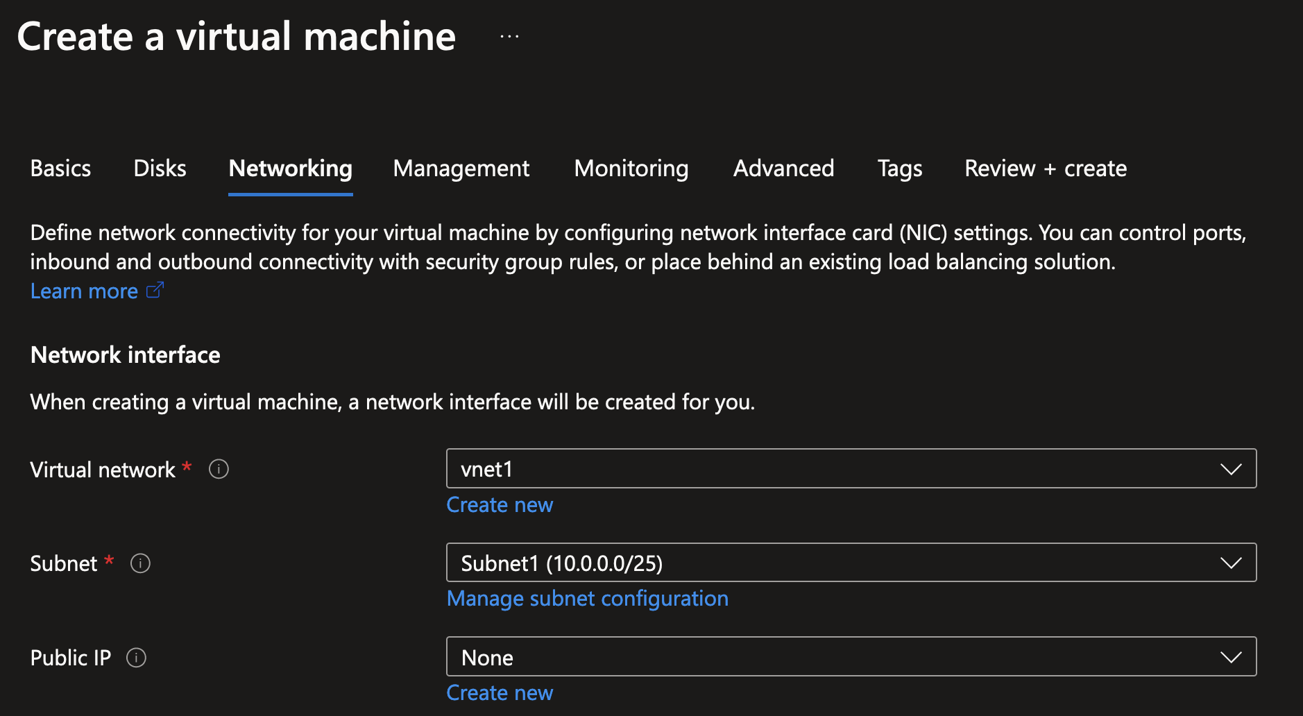 Screenshot showing Subnet1 being selected for deploying a VM to in Azure Portal.