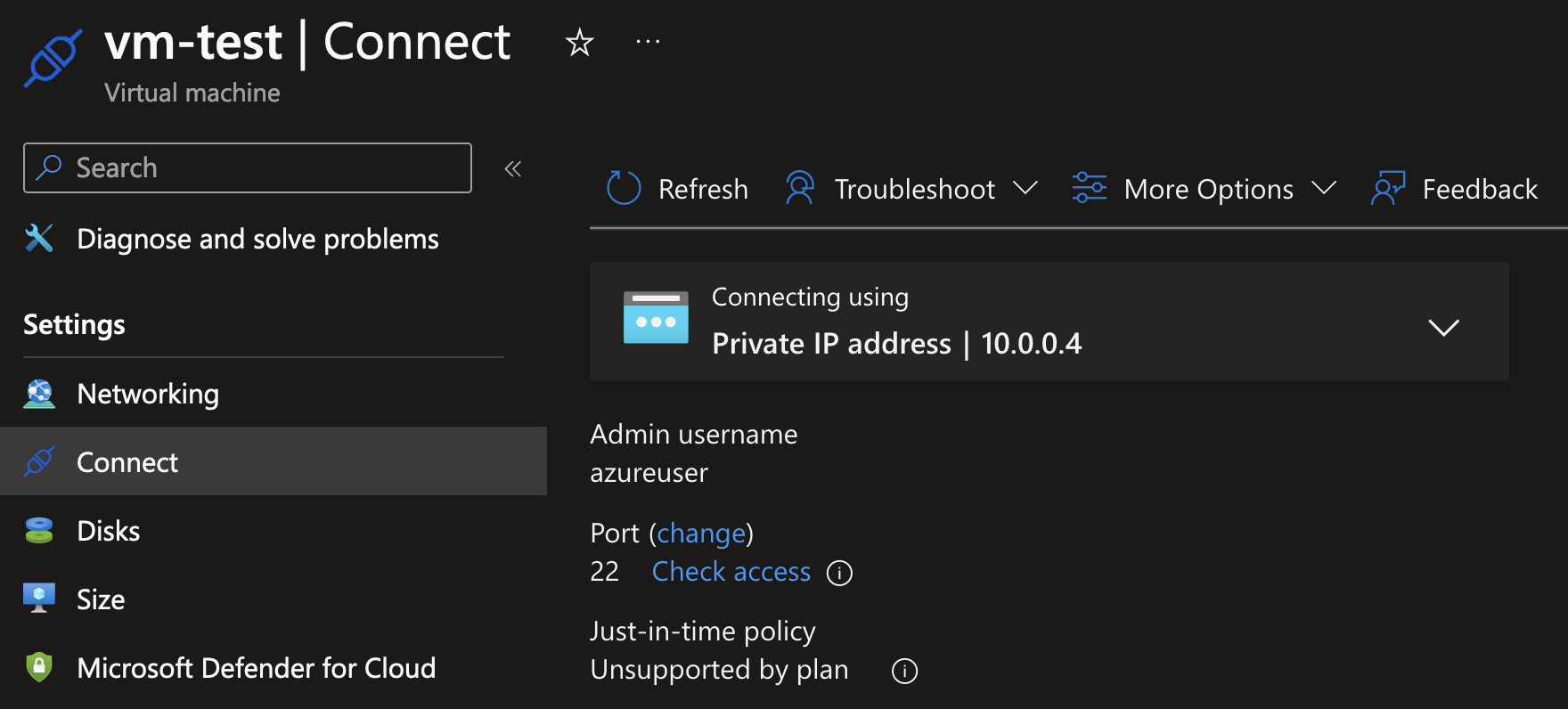 Screenshot showing the Private IP address VM in Subnet1 in Azure Portal.