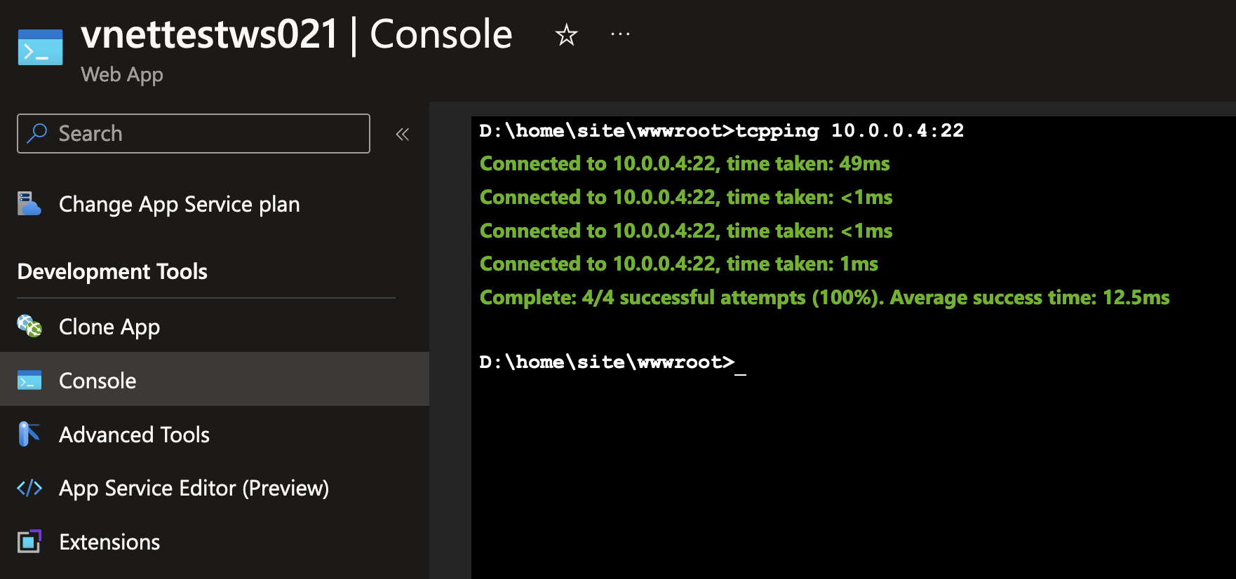 Screenshot showing the App Service deployed in Subnet2 is able to ping the VM in Subnet1 in Azure Portal.