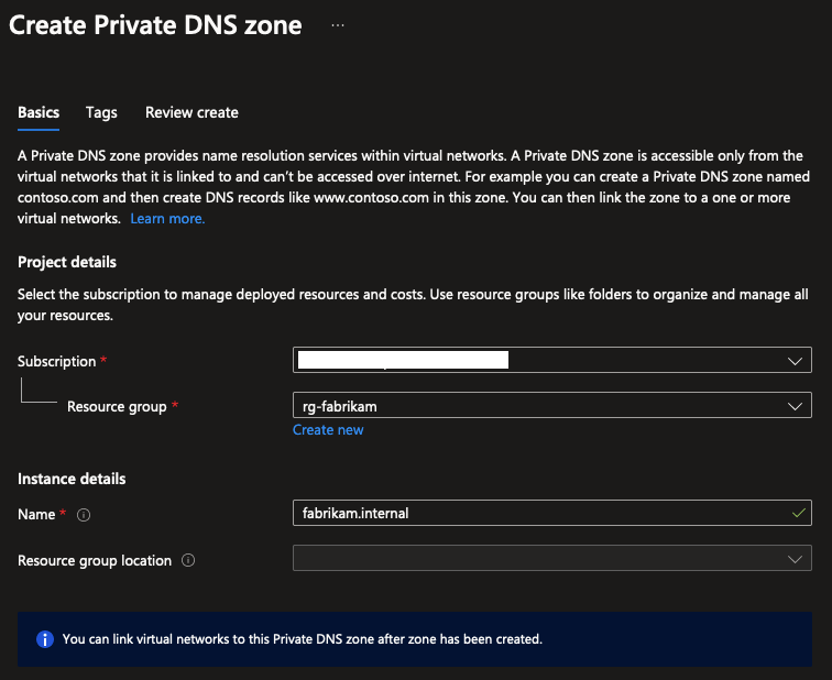 Screenshot of Azure portal showing the creation of the fabrikam.internal private dns zone.
