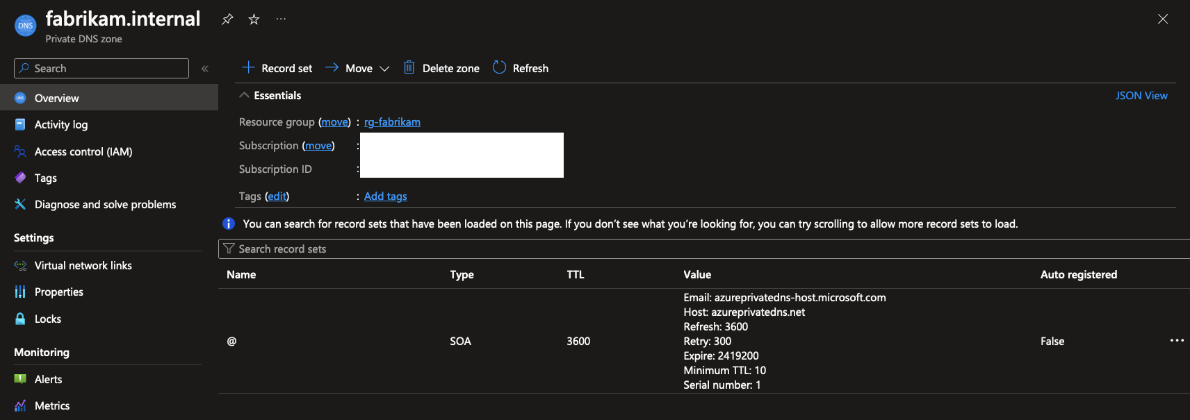 Screenshot of Azure portal showing an empty private dns zone containing only a SOA record.