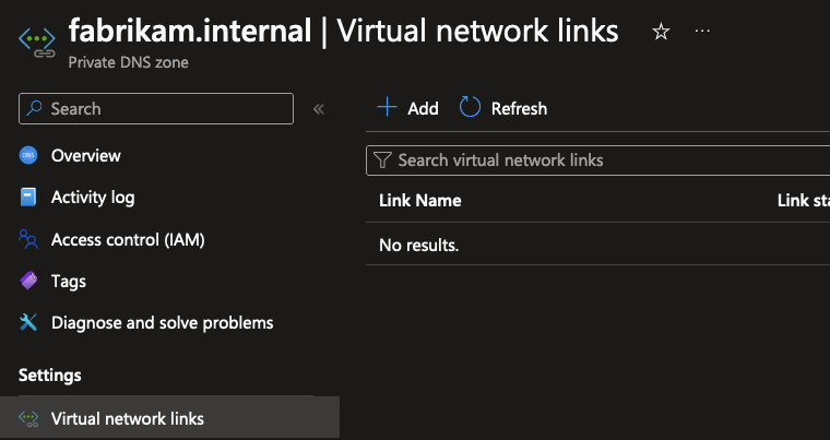 Screenshot of Azure portal showing the virtual network links blade being empty.