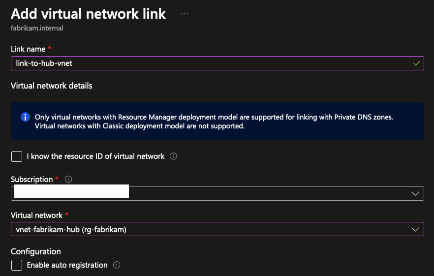 Screenshot of Azure portal showing a new vnet link being created to a hub vnet.