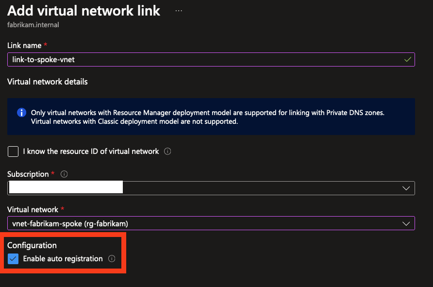 Screenshot of Azure portal showing a new vnet link being created for a spoke vnet with auto registration enabled.
