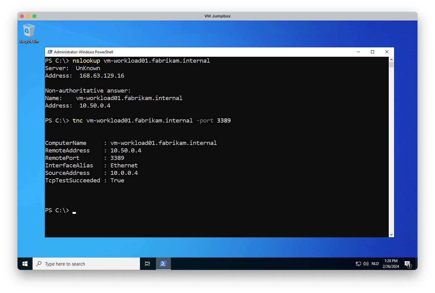 Screenshot of Azure portal showing a ping being done successfully from the hub VM to vm-workload01 via DNS.
