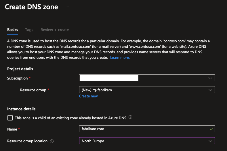 Screenshot of Azure portal showing the creation of a fabrikam.com Public DNS Zone.
