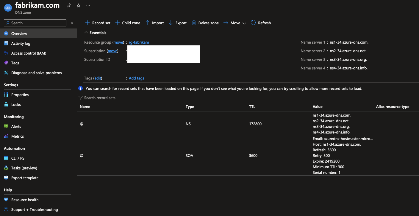 Screenshot of Azure portal showing an empty DNS zone, containing NS and SOA records.