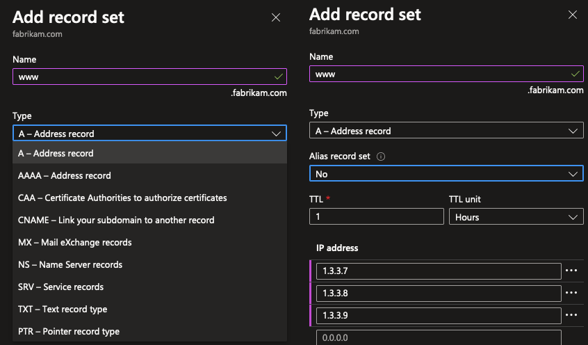 Screenshot of Azure portal showing the creation of an A-record and A-record set with multiple IP's.