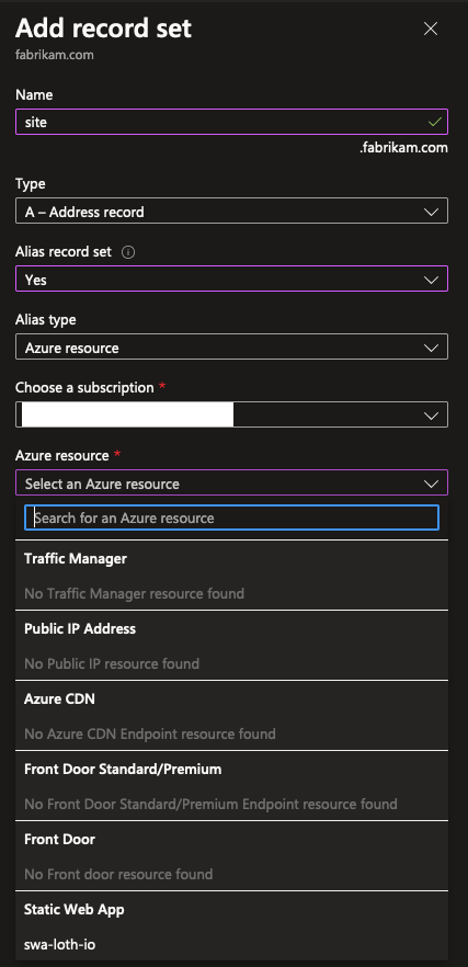 Screenshot of Azure portal showing an Alias record being created which can be pointing to Azure resources instead of IPs.