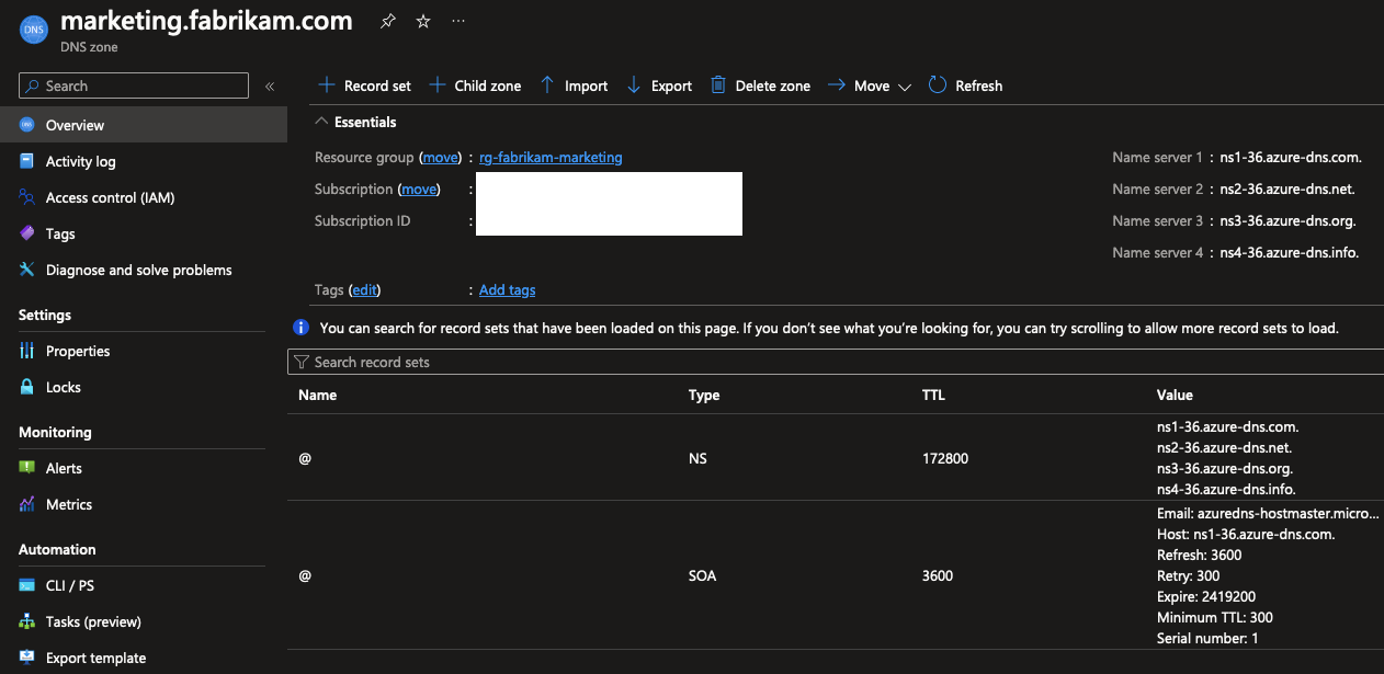 Screenshot of Azure portal showing a new empty DNS zone for the child zone.