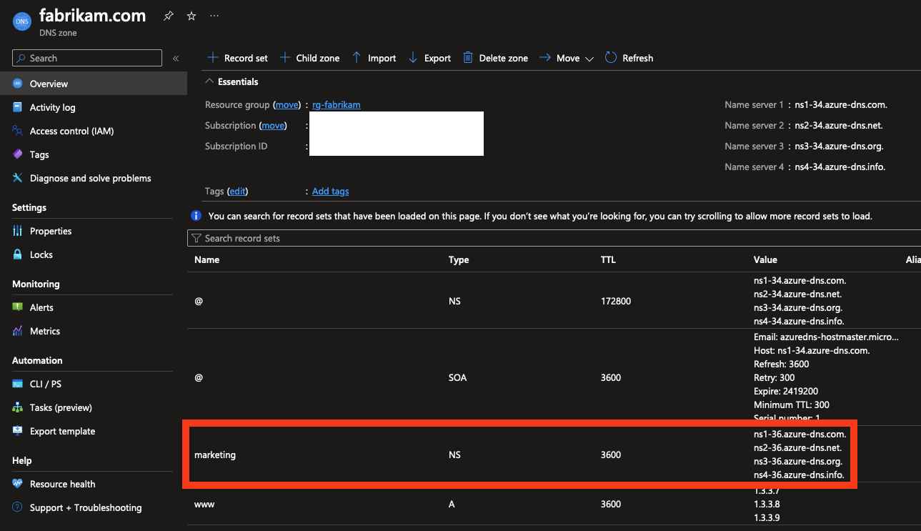 Screenshot of Azure portal showing how the marketing subdomain has NS records in the parent for name server delegation.